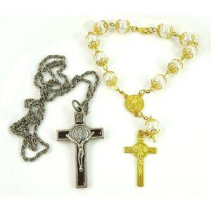 St Benedict Cross Pendant Necklace w/ White Tenner Single Decade Car Auto Rosary